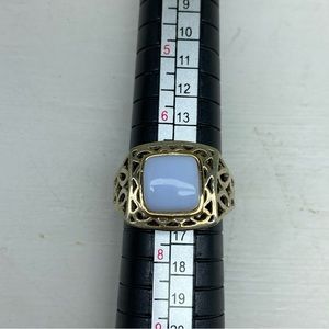 Sterling Silver Square Open Filigree Ring With 14k YG Top With White Agate